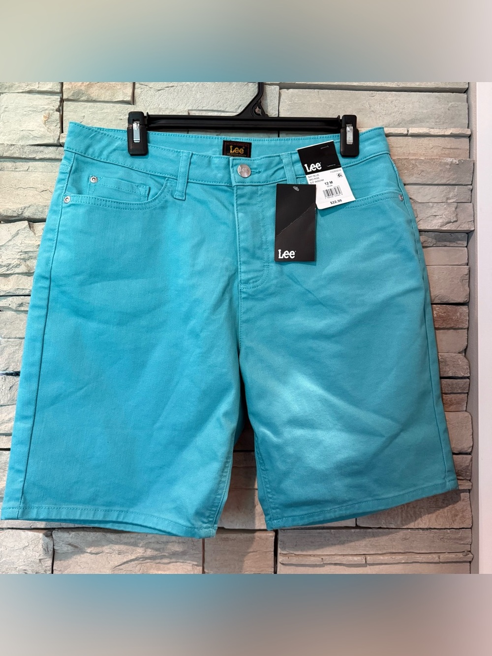 Lee Women Size 12 M Aqua Blue Denim Bermuda Stretch Shorts Mid Rise